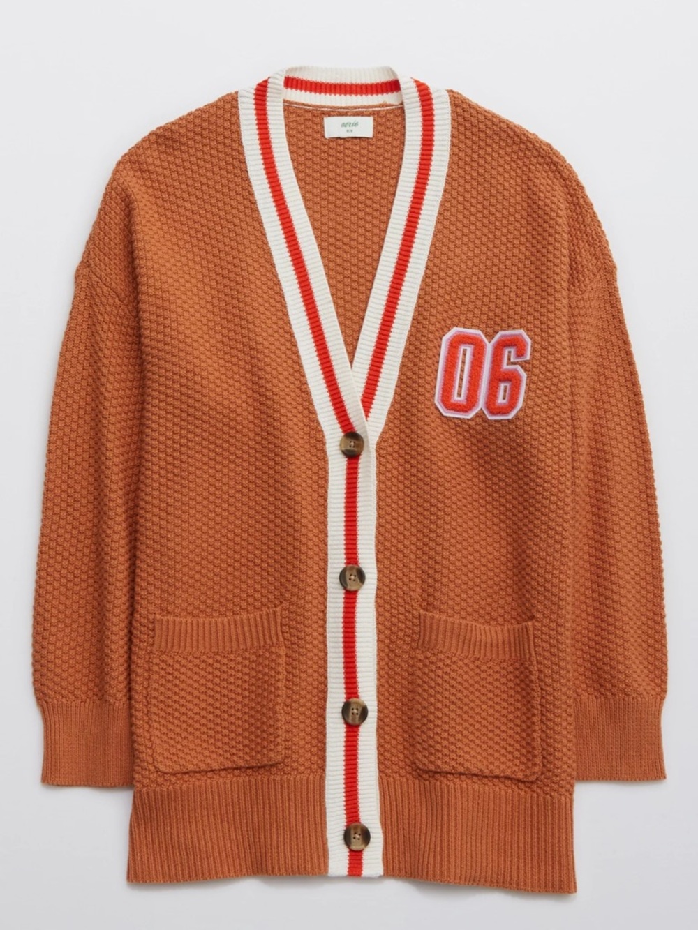 Rust Orange Knit Cardigan Trim Aerie Varsity L Large sweater American Eagle